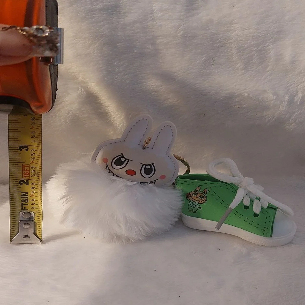 Fuzzy White Labubu and Green Labubu Shoe Keychain